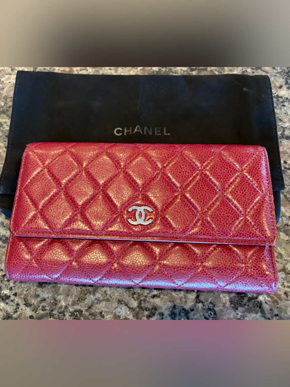 CHANEL Quilted Pink-Red Leather Wallet with Silver CC